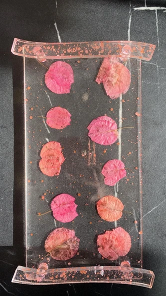 Şeffaf Epoksi Kurutulmuş Pembe Begonvil Pembe Glitter Sunum Tepsisi Dikdörtgen El Yapımı Hediyelik - 3