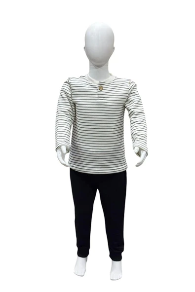 Cotton Trips Siyah Çizgili, Yumuşak Dokulu, Uzun Kollu, 2 Iplik Şardonlu %100 Polyester Erkek Çocuk Takım - 2