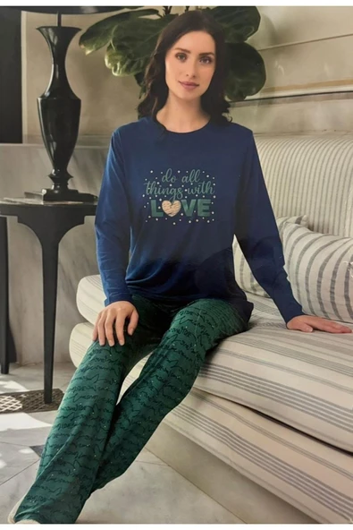 Marka Pamuklu Esnek Kadın 2'li Pijama Takımı Lacivert-Yeşil