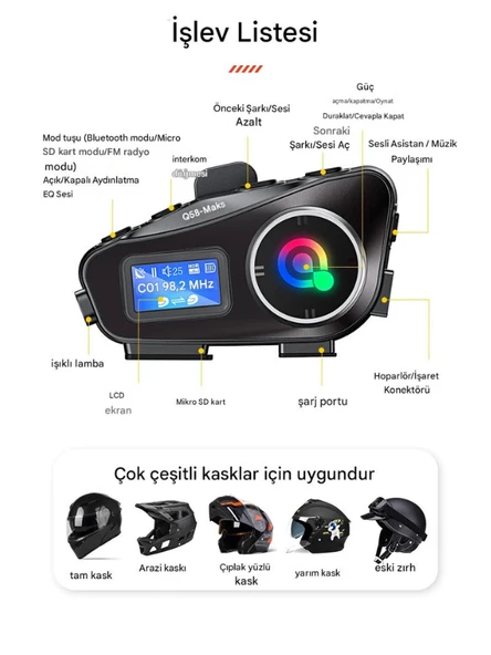 Q58 Max Motosiklet Kask Kulaklık İnterkom Bluetooth FM Radyo SD Kart Destekli EQ Özellikli İntercom - 8