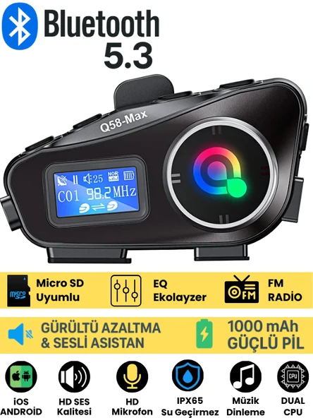 Q58 Max Motosiklet Kask Kulaklık İnterkom Bluetooth FM Radyo SD Kart Destekli EQ Özellikli İntercom