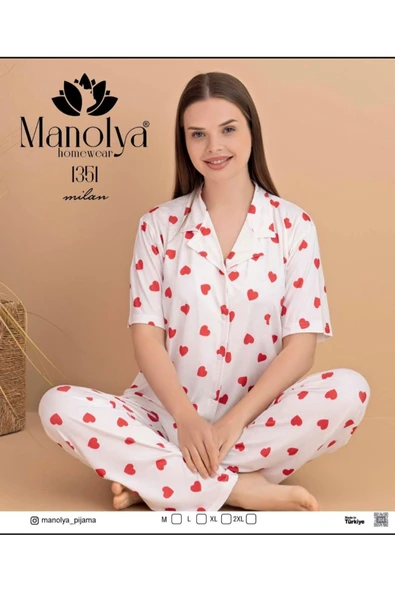 Manolya HOMEWEAR boydan düğmeli yazlık ince milan kumaş terletmeyen kısa kollu kalpli pijama takımı - 1