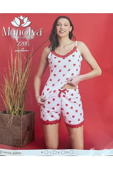 Manolya KIRMIZI KALPLERİN HAKİM OLDUĞU ÇOK RAHAT MODAL KUMAŞ PİJAMA TAKIMI