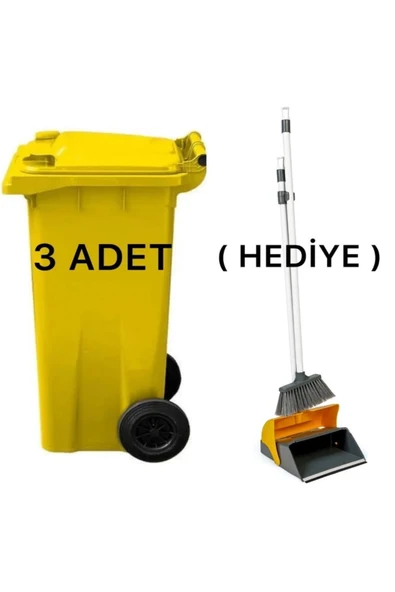 ELCY 3 Adet Sarı Plastik Çöp Konteyneri 120 LT Isıya Karşı Dayanıklı Faraş Hediyeli - 2