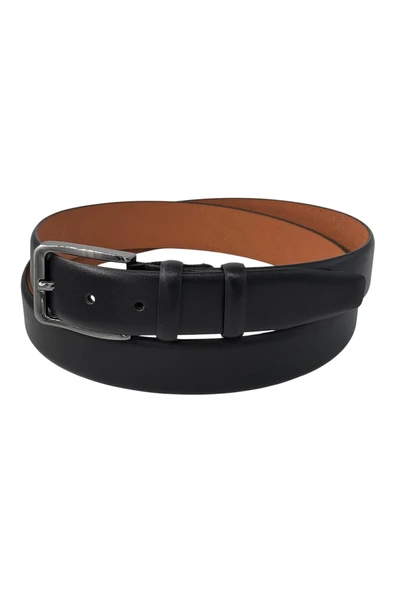 Siyah Hakiki Deri Düz Renk Dikişsiz 3.5 cm. Genişlikli Klasik Erkek Kemer - 200-Düz - Resim 3