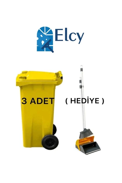 ELCY 3 Adet Sarı Plastik Çöp Konteyneri 120 LT Isıya Karşı Dayanıklı Faraş Hediyeli