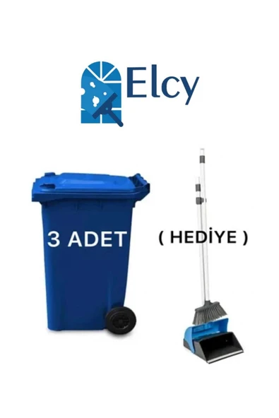 ELCY 3 Adet Mavi Plastik Çöp Konteyneri 240 LT Isıya Karşı Dayanıklı Faraş Hediyeli