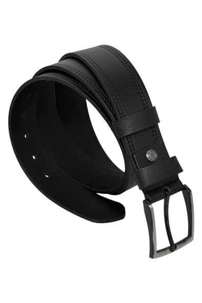 Siyah Hakiki Deri Desenli Çift Dikişli Model 4 cm. Genişlikli Spor Kemer  - 400-28 - Resim 2