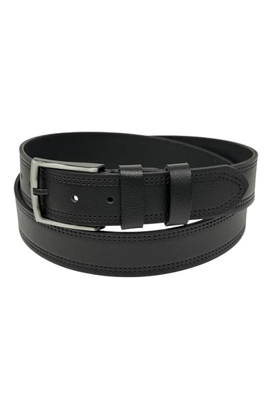 Siyah Hakiki Deri Desenli Çift Dikişli Model 4 cm. Genişlikli Spor Kemer  - 400-28 - Resim 3