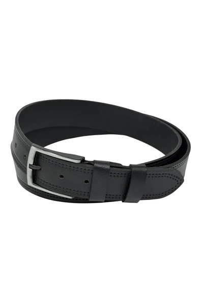 Siyah Hakiki Deri Desenli Çift Dikişli Model 4 cm. Genişlikli Spor Kemer  - 400-28 - Resim 4