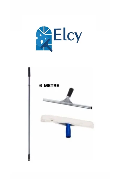 ELCY Cam Temizlik Seti 6 Metre Teleskopik Uzayabilen Metal Sap 35 Cm Cam Peluş Ve Cam Çekçeği