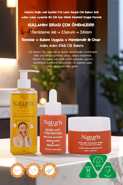 Kojik Asitli 3'lü Leke Karşıtı Bakım Seti | Yüz Temizleme Jeli 250 ml + Serum 30 ml + Krem 50 ml - Resim 2