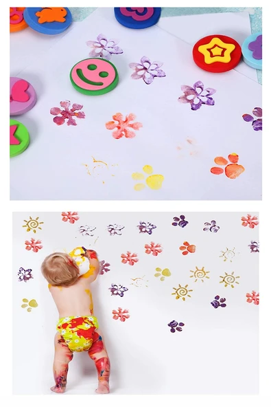 Parmak Boyası 6 Renk Nova Color Resim Defteri 25x35 Sünger Eva Baskı Damga Spatula Rulo Kesik Sünger Eva Okul Öncesi - 5