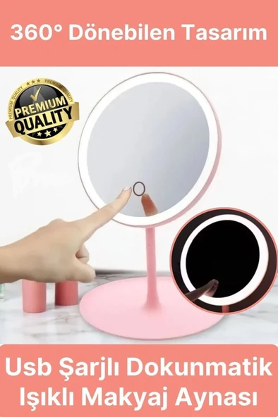 Işıklı Dokunmatik Makyaj Aynası Pembe & Beyaz 3 Kademeli Işık Ayarı 360° 10669 - 3