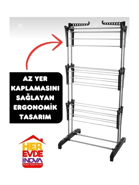 İnova  Raptor 3 Katlı Mega Boy Xxl Tekerlekli Alüminyum Çamaşırlık Kurutmalık - 5