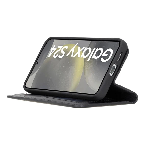 Samsung Galaxy S24 Plus Uyumlu, Deri Cüzdanlı Kılıf, Parlak Siyah - 3