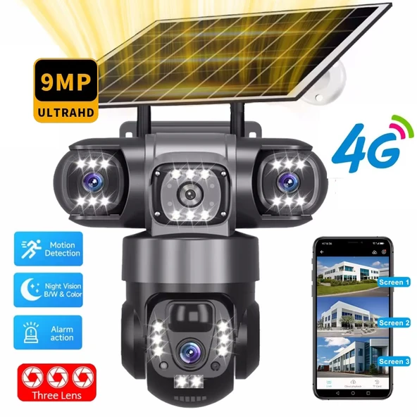 O-Kam 6060 9MP (3+3+3) Üç Kameralı UltraHD 4G Güneş Enerjili Akıllı Güvenlik Kamerası - 6