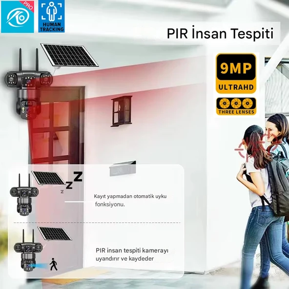 O-Kam 6060 9MP (3+3+3) Üç Kameralı UltraHD 4G Güneş Enerjili Akıllı Güvenlik Kamerası - 4