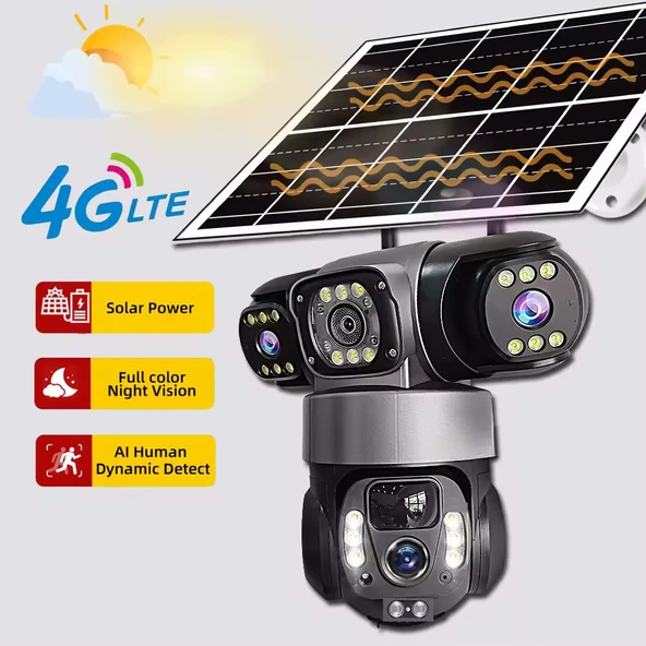 O-Kam 6060 9MP (3+3+3) Üç Kameralı UltraHD 4G Güneş Enerjili Akıllı Güvenlik Kamerası - 9