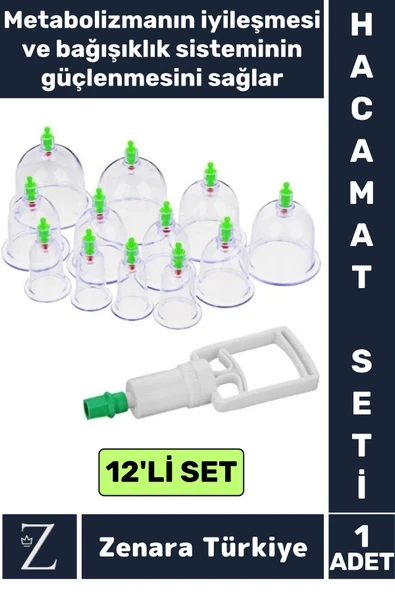 Yüksek Kaliteli Metabolizma Etkili 12'li Vakumlu Hacamat Kupası+4 Parmak Pompa Özel Set