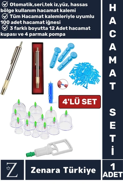 Otomatik Seri Hacamat Kalemi 100 Adet İğne 12 Adet Kupa 4 Parmak Pompa 4'lü Premium Hacamat Seti