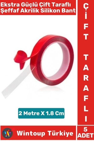 Ekstra Güçlü Suya Küfe Neme Dayanıklı Şeffaf Çift Taraflı Akrilik Silikon Bant 2 Metre X 1.8 Cm 5 Ad