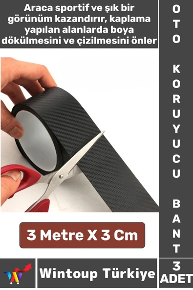 İz Bırakmaz Su Güneş Işını Dayanıklı Oto Eşik Kapı Kaput Boya Çizilme Koruma Karbon Fiber Bant 3Adet