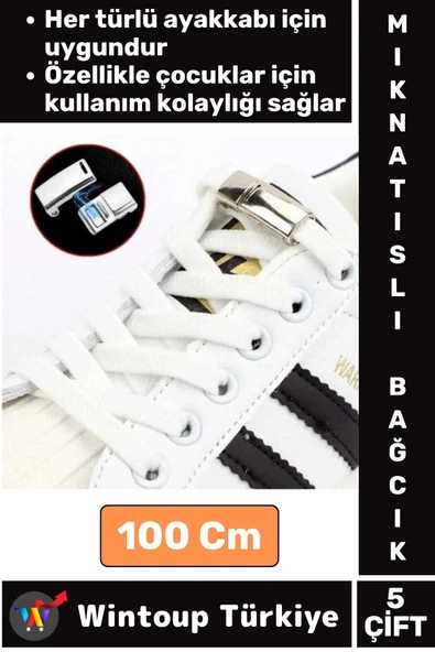 Çocuk Genç Yetişkin Şık Klipsli Manyetik Lastikli Pratik Mıknatıslı Ayakkabı Bağcığı 100 Cm 5 Çift