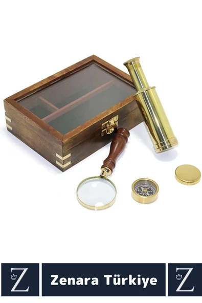 Dekoratif Koleksiyon Sevgili Özel Gün Hediye PİRİNÇ Ahşap Kutu Pusula Dürbün Büyüteç ÖZEL SET - Resim 2