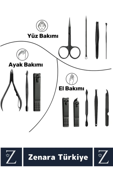 Kompakt El Yüz Tırnak Ayak Bakım Taşınabilir Cep Boy Özel Çantalı 12 Parça Manikür Pedikür Seti - 4