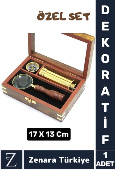 Dekoratif Koleksiyon Sevgili Özel Gün Hediye PİRİNÇ Ahşap Kutu Pusula Dürbün Büyüteç ÖZEL SET ürün görseli