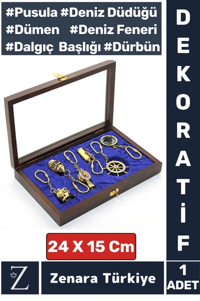 Dekoratif Şık Hediyelik Denizci Temalı Yüksek Kaliteli Ahşap Kutulu PİRİNÇ Anahtarlık Seti 6 Parça ürün görseli