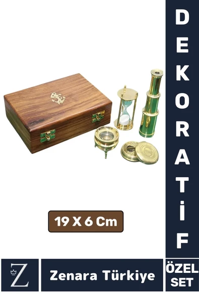 Sevgili Özel Denizci Koleksiyon Hediye PİRİNÇ PUSULA KUM SAATİ DÜRBÜN BÜYÜTEÇ Ahşap Kutulu Özel Set ürün görseli
