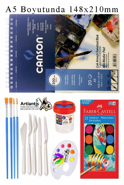 Canson Çok Amaçlı Sanatsal Blok A5 200 gr 20 Yaprak 1 Adet 21 Renk Sulu Boya Fırça Palet Spatula Fırça Temizleme Kabı