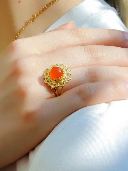 Doğal Taş Akik Doğal Taşlı Telkari Modelli Kadın Ayarlanabilir Altın Kaplama Yüzük euy62ag - Resim 2