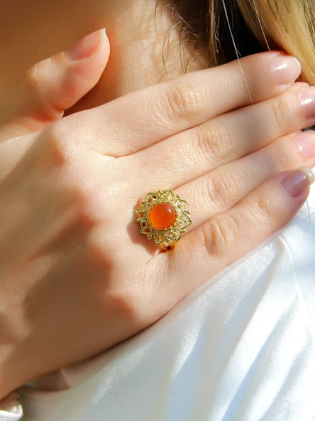 Doğal Taş Akik Doğal Taşlı Telkari Modelli Kadın Ayarlanabilir Altın Kaplama Yüzük euy62ag ürün görseli