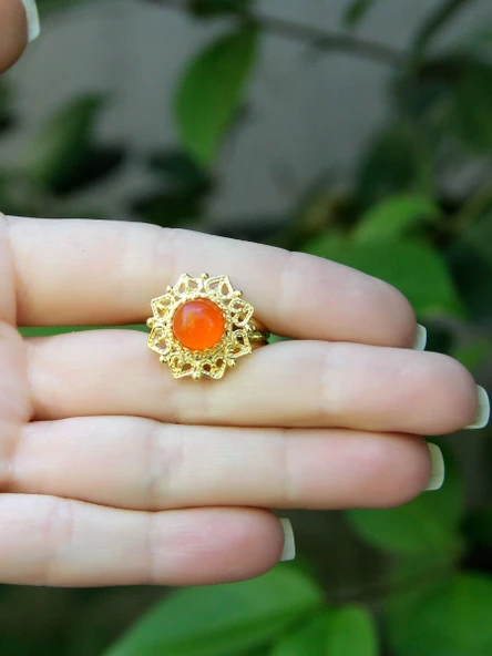 Doğal Taş Akik Doğal Taşlı Telkari Modelli Kadın Ayarlanabilir Altın Kaplama Yüzük euy62ag - Resim 3