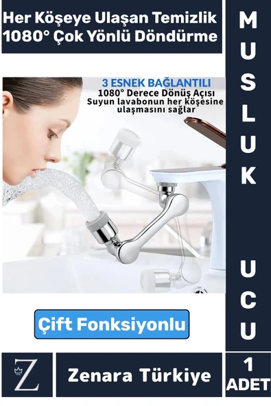 Kolay Montaj Metal Görünümlü 1080 Derece Dönebilen Çift Modlu Su Akışı Akrobat Musluk Ucu Başlığı