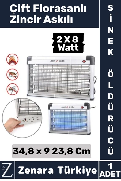 Premium Güçlendirilmiş UV Çift Florasanlı Zincir Askılı 16 Watt Sinek Kara Sinek Sivrisinek Öldürücü