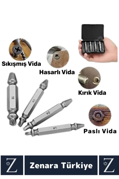 Dayanıklı Matkap Tornavida Uyumlu Hasarlı Paslı Kırık Yamuk Vida Sökme Çıkarma 4 Farklı Uçlu Set - 2