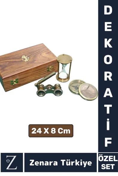 Sevgili Özel Denizci Koleksiyon Hediye PİRİNÇ PUSULA KUM SAATİ DÜRBÜN Ahşap Kutulu Premium Set ürün görseli
