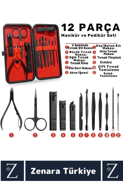 Kompakt El Yüz Tırnak Ayak Bakım Taşınabilir Cep Boy Özel Çantalı 12 Parça Manikür Pedikür Seti - 2