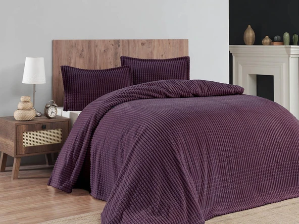 Merinos Modern Line 3 Parça Çift Kişilik Battaniye Seti Kutulu 220x240 Mürdüm