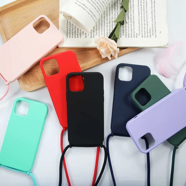 İPhone 12 Pro Max ile Uyumlu Ropi İpli Silikon İçi Kadife Korumalı Kılıf - 6