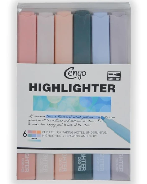 Cengo Kare Tipi Highlighter Fosforlu Kalem Cream Renkler 6lı Set CGO702