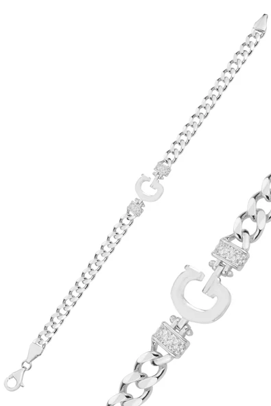 Gümüş rodyumlu zirkon taşlı üç boyutlu gurmet zincirli harf bileklik SGTL12883 - Resim 2