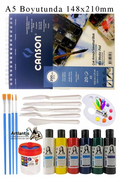 Canson Çok Amaçlı Sanatsal Blok A5 200 gr 20 Yaprak 1 Adet 6 Renk Akrilik Boya Fırça Palet Spatula Fırça Temizleme Kabı ürün görseli
