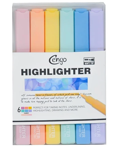 Cengo Kare Tipi Highlighter Fosforlu Kalem Candy Renkler 6lı Set CGO701
