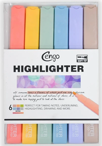 Cengo Kare Tipi Highlighter Fosforlu Kalem Retro Renkler 6lı Set CGO703
