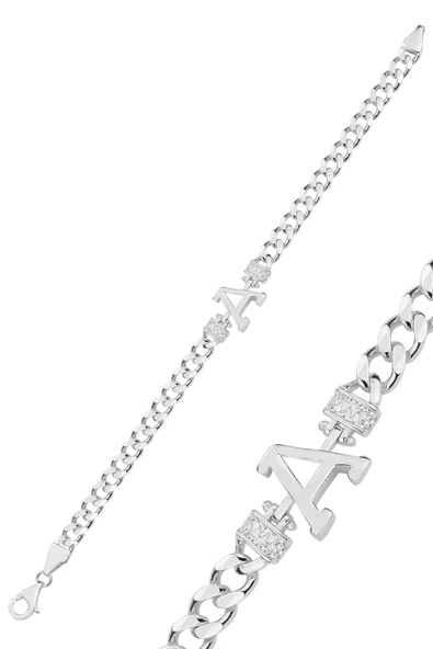Gümüş rodyumlu zirkon taşlı üç boyutlu gurmet zincirli harf bileklik SGTL12883 - Resim 3